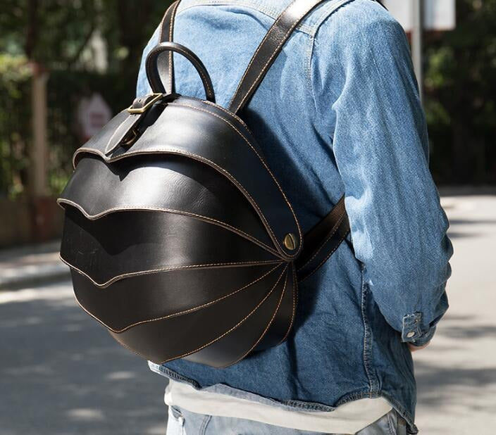 Unique round black leather backpack bag