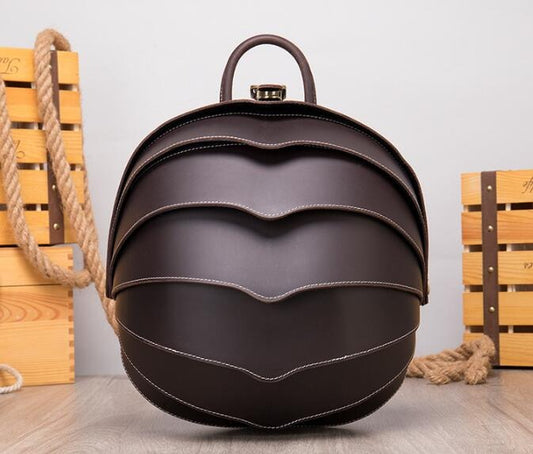 Unique round black leather backpack bag