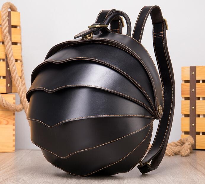 Unique round black leather backpack bag