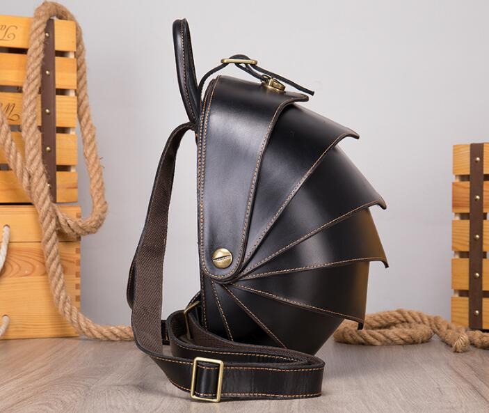 Unique round black leather backpack bag
